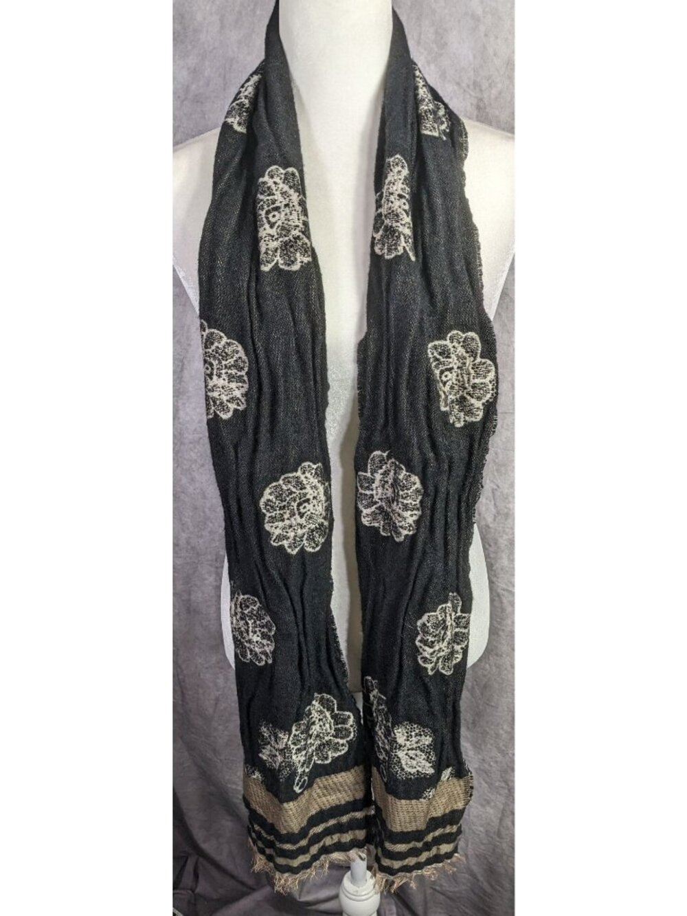 Vintage Guillaume De Mon Paris Black Floral Scarf Made In France 75" x 8" - Picture 7 of 10